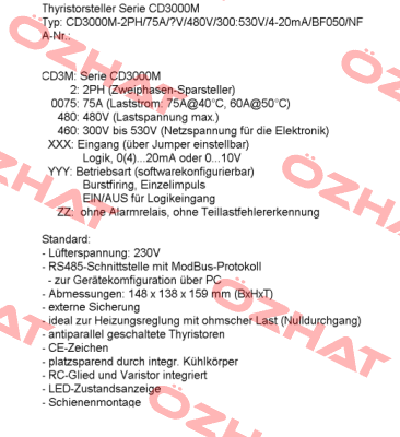 CD3000M 2PH/75A/480V/480V/300:530V/4-20mA/BF008/NF/IM CD AUTOMATION