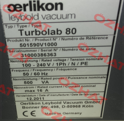 P/N:501590V1000  TYPE:Turbolab 80  S/N:31000386363 Leybold