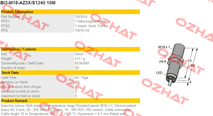 BI3-M18-AZ3X/S1240 10M Turck