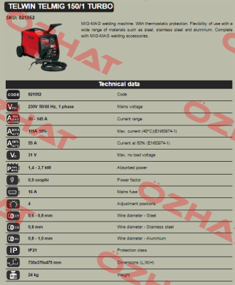 Art. Nr.821052, type  TELMIG 150/1 TURBO  Telwin